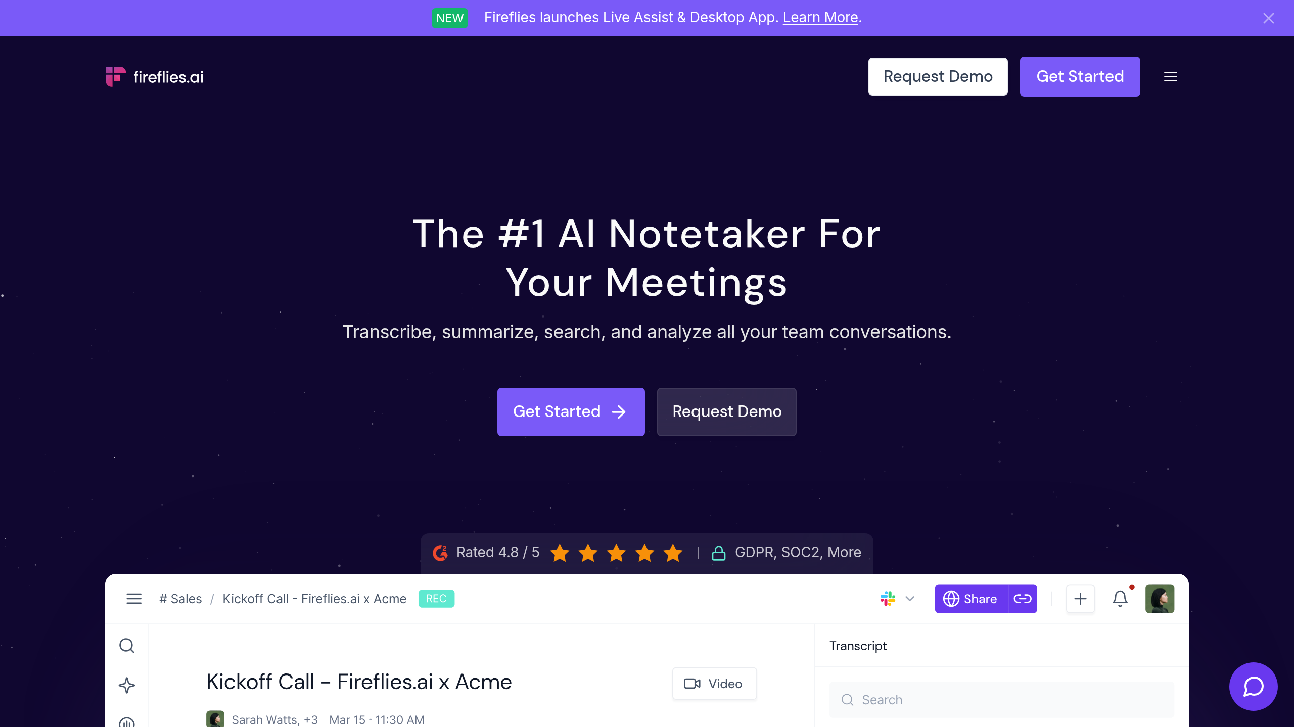 Fireflies.ai homepage screenshot