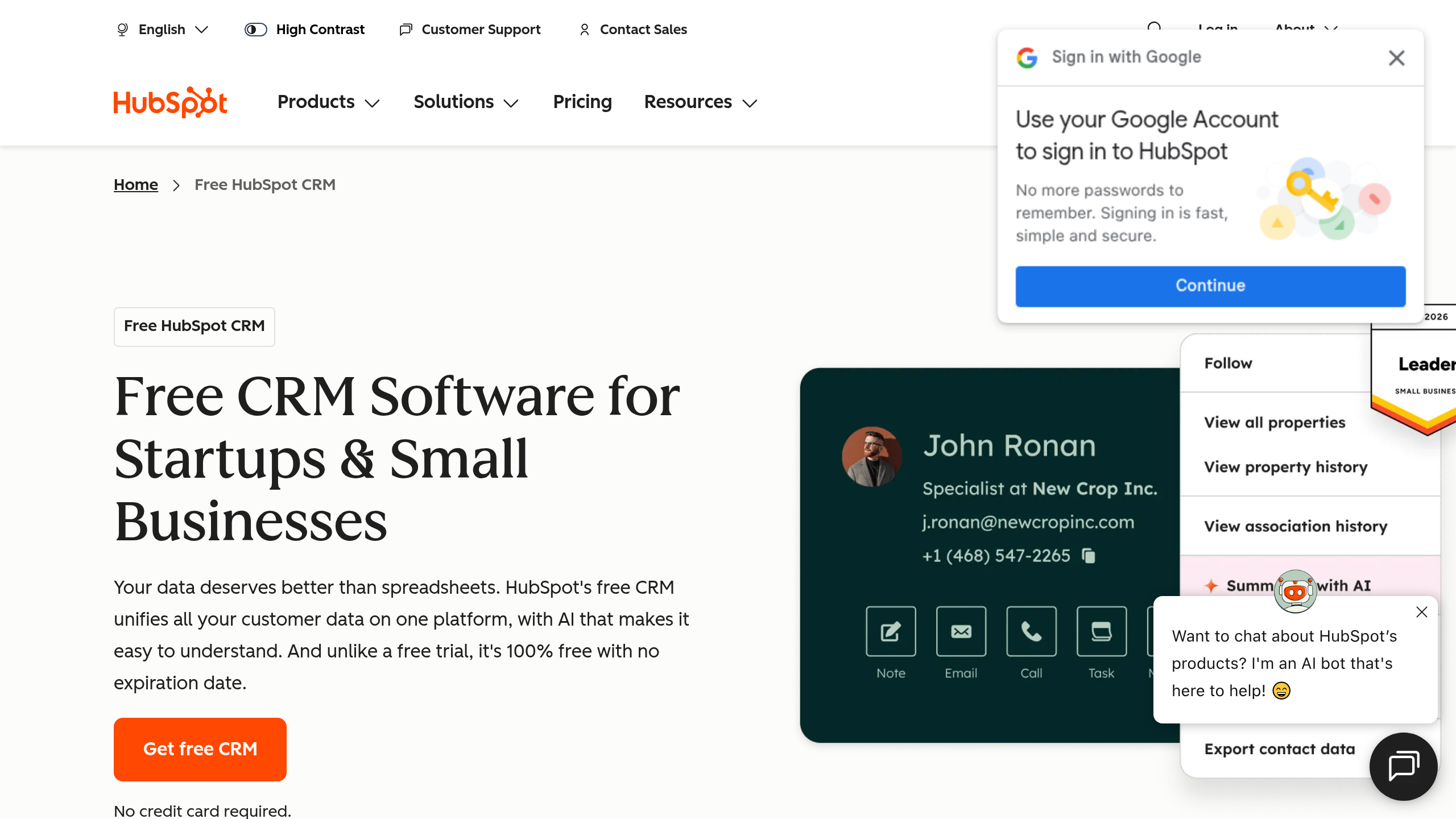 Hubspot CRM homepage screenshot